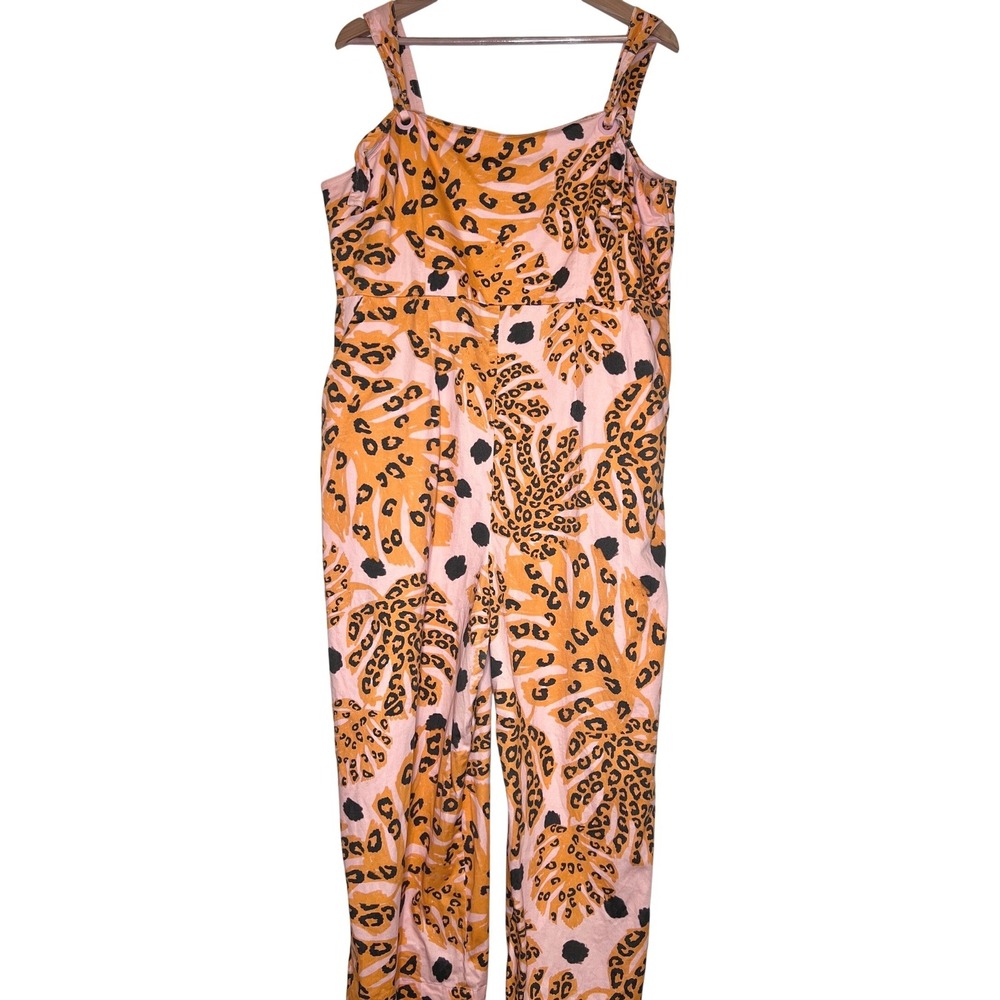 Farm Rio Anthropologie XL Pink Leopard Print Cotton Wide Leg Jumpsuit Ring Strap